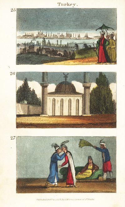 Vue de Constantinople (Istanbul) au début du 19ème siècle, mosquée musulmane avec dôme et minarets, et jeunes femmes grecques s