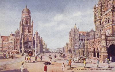 Vue de Victoria Terminus et du bâtiment municipal, Bombay (lithographie couleur) - English School