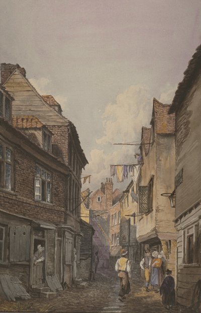 Vue de personnages dans Glean Alley, Bermondsey, vers 1825 - English School