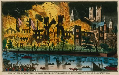 Vue de la destruction des deux Chambres du Parlement vue depuis la Tamise, 16 octobre 1834 - English School