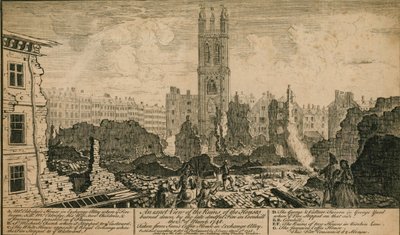 Vue des ruines des maisons brûlées par l