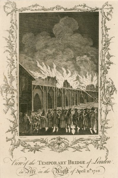 Vue du pont temporaire de Londres en feu dans la nuit du 11 avril 1758 - English School