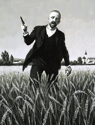 Vincent Van Gogh marchant dans un champ de blé vers sa mort - English School