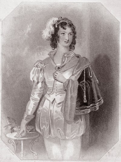 Viola (La Nuit des rois) dans - « Galerie des femmes de Shakespeare, collection de quarante-cinq portraits sérieux par les premiers artistes de Londres, enrichie de notices critiques et littéraires » vers 1838 - de « Galerie des femmes de Shakespeare » - English School