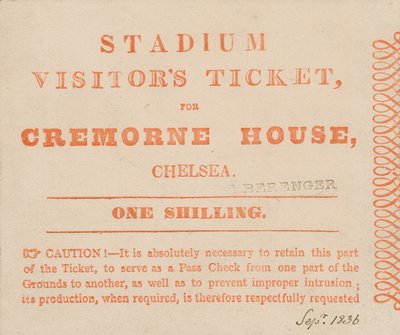Billet de visite pour le stade, Cremorne House, Londres, septembre 1836 - English School