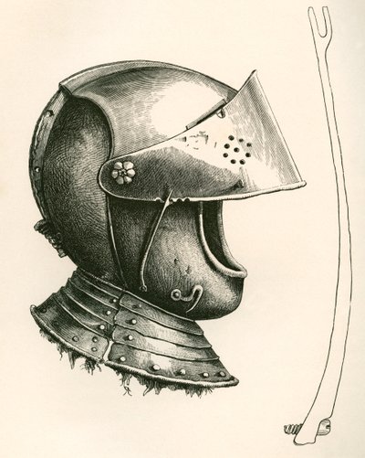 Casque à visière datant de c.1643. La pièce sur le côté est la prop de la visière, taille réelle, utilisée pour maintenir la visière à différents angles selon l