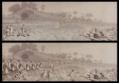 Revue des volontaires à Wormwood Scrubs montrant la taverne Mitre et le pont Mitre, Hammersmith, c.1800 (lavis sur papier) - English School
