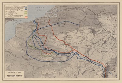 WW1 : Les principales lignes de combat du front occidental (lithographie couleur) - English School