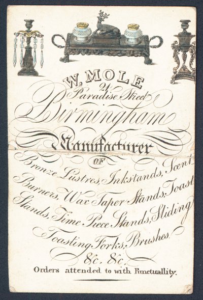 Carte de visite de W Mole, fabricant de produits métalliques - English School