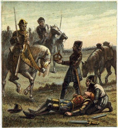Guerre des Deux Roses : mort du roi Richard III (1452-1485) lors de la bataille de Bosworth Field, entre le 22/08/1485 Richard III et Henri, duc de Richmond. Ce dernier a reçu la couronne du roi déchu et est devenu Henri VII connu sous le nom de Henri Tudo - English School