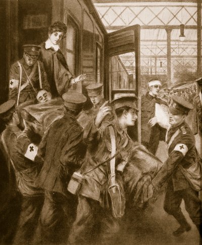 Blessés de guerre arrivant à une gare de Londres, 1914-19 - English School