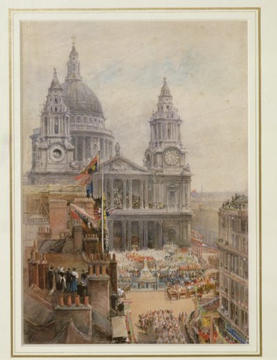 Regardant les célébrations du jubilé de la reine Victoria devant St. Paul - English School