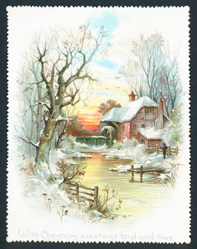 Moulin à eau près de la rivière, Carte de Noël - English School