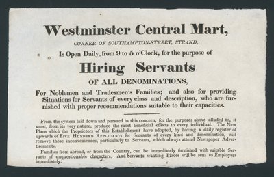 Westminster Central Mart, embauche de domestiques - English School