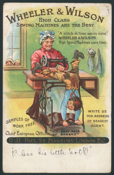 Wheeler & Wilson, machines à coudre - raccommodant un pantalon de garçon - English School