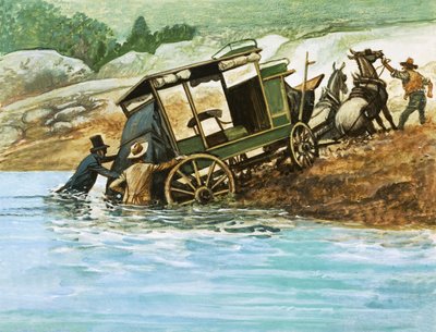 Quand les rivières devaient être traversées à gué, les passagers descendaient et aidaient à pousser la diligence - English School