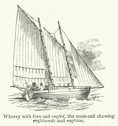 Wherry avec la voile avant réduite, la grand-voile montrant les bandes de ris et les attaches de ris (gravure) - English School