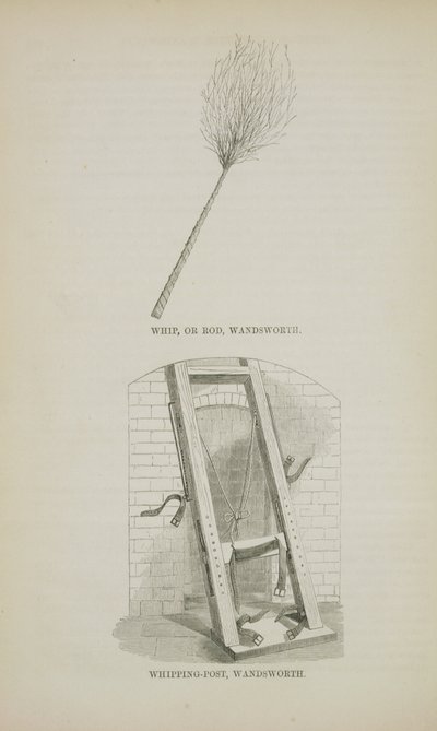 Fouet ou verge et poteau de flagellation à Wandsworth, extrait de The Criminal Prisons of London and Scenes of Prison Life par Henry Mayhew et John Binny, 1862 - English School