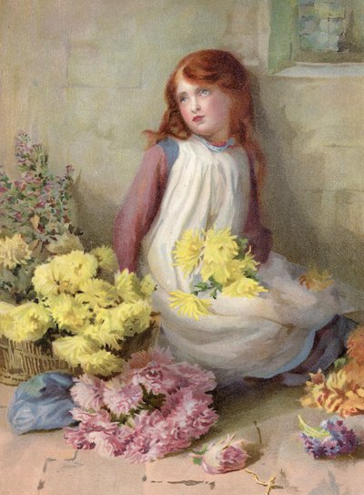 Qui achètera ? Jeune fille vendant des fleurs dans la rue - English School