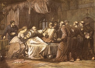 Wicliffe sur son lit de mort assailli par des frères, gravé par T. Bolton - English School