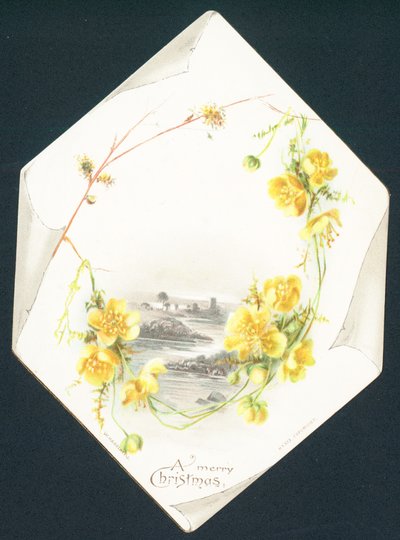 Roses jaunes sauvages et scène de campagne, Carte de Noël - English School
