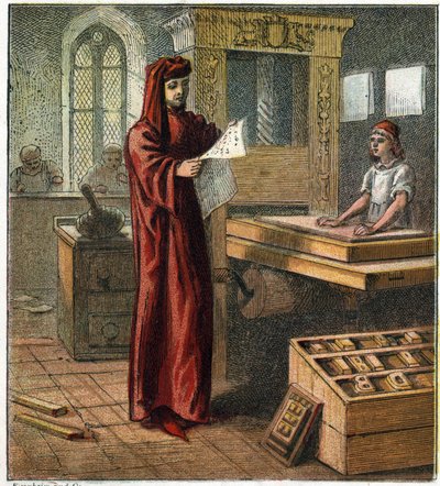 William Caxton (1422-1491), premier imprimeur anglais, dans son atelier avec une presse à imprimer. William Caxton, le premier imprimeur anglais - English School