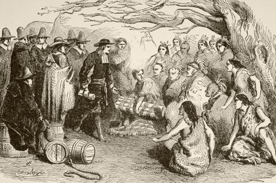 William Penn fait un traité avec les Indiens Delaware ou Lenape en 1682 - English School