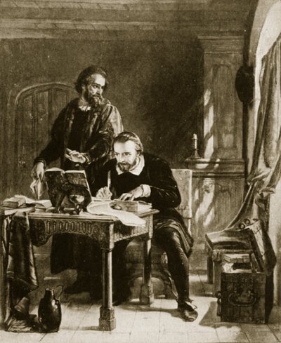 William Tyndale traduisant le Nouveau Testament, illustration de l