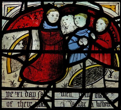 Fenêtre N3 représentant les Quinze Derniers Jours du Monde (la fenêtre du Pryke de Conscience) : Les gens sortent de leurs trous pour prier - English School