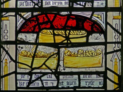 Fenêtre N3 représentant les Quinze Derniers Jours du Monde (la fenêtre du Pryke de Conscience) : les os des morts sortent de leurs cercueils - English School