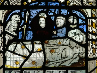 Fenêtre N3 représentant les Quinze Derniers Jours du Monde (la fenêtre du Pryke de Conscience) : La mort visite tout le monde - English School