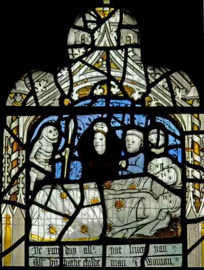 Fenêtre N3 représentant les Quinze Derniers Jours du Monde (la fenêtre du Pryke de Conscience) : La mort visite tout le monde - English School