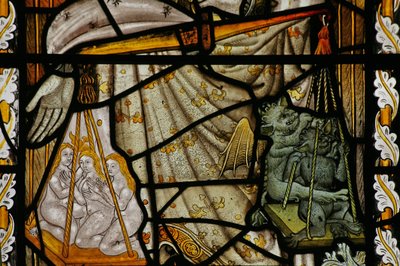 Fenêtre Na représentant les balances de Saint Michel avec le diable et des âmes dans les balances - English School