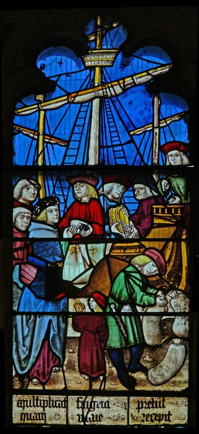 Fenêtre SaEw représentant une scène de la légende de Saint Nicolas : les navires de grain déchargent à Myra - English School