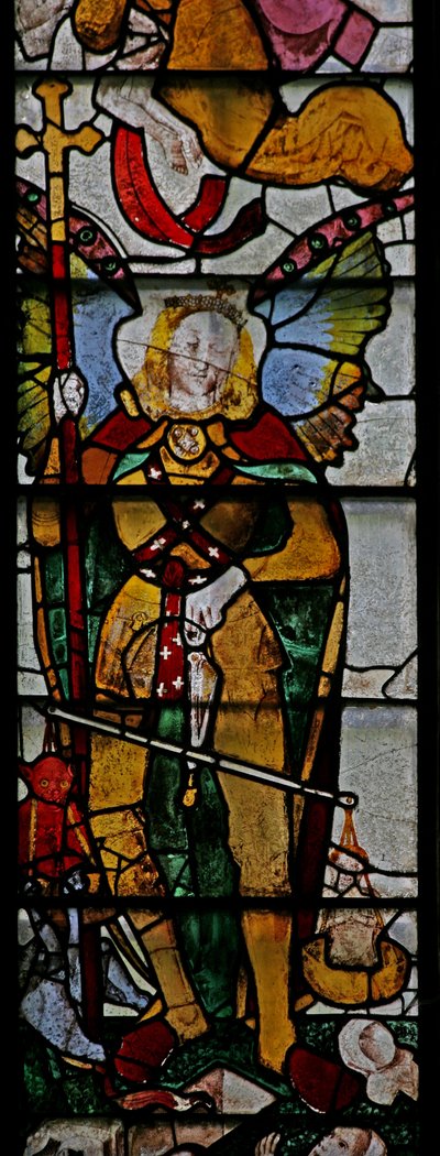 Fenêtre Ww représentant une scène du Jugement dernier : Saint Michel et autres détails - English School
