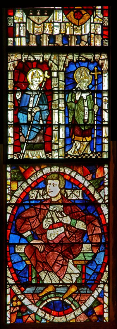 Vitrail représentant une figure généalogique et deux saints - English School