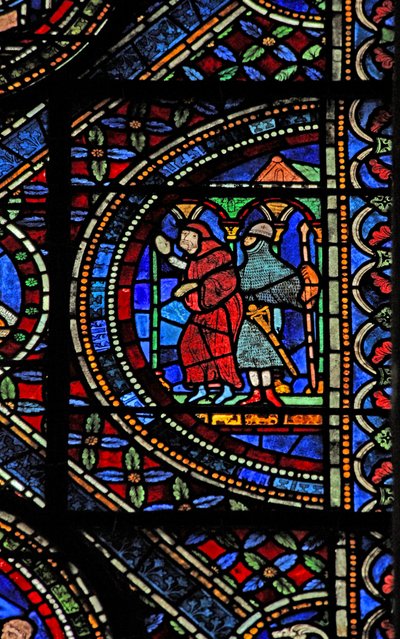 Fenêtre n7 représentant une scène de la vie de Saint Thomas Becket : un chevalier armé et un moine - English School