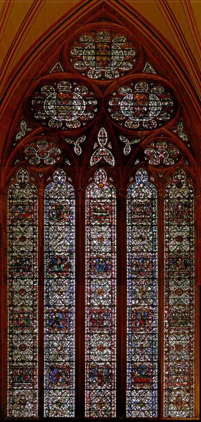 Fenêtre w57 représentant la fenêtre est de la salle capitulaire : Enfance du Christ : Mort de la Vierge - English School