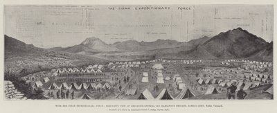 Avec la force expéditionnaire de Tirah, vue aérienne de la brigade du brigadier-général Ian Hamilton, camp de Barkai, vallée de Bara (lithographie) - English School
