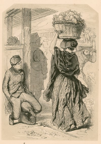 Femme portant un panier au marché de Covent Garden, Londres - English School