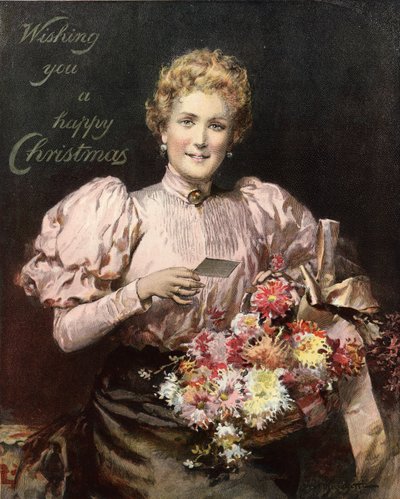 Femme tenant un bouquet de fleurs, avec la légende, Joyeux Noël - English School