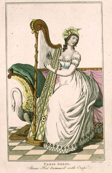 Femme en robe parisienne et chapeau de paille orné de crêpe jouant de la harpe, illustration du 