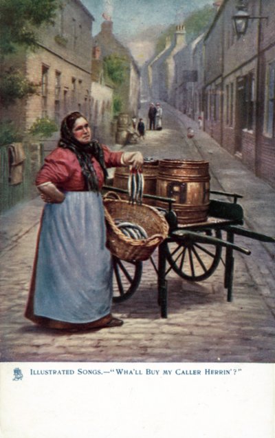 Femme vendant du hareng depuis une charrette - English School
