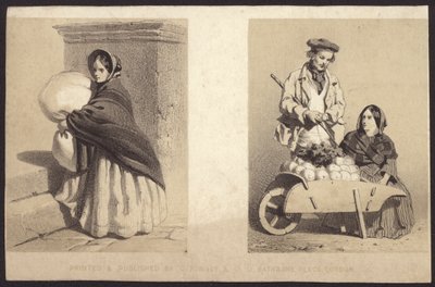 Femme vendeuse de rue vendant des légumes depuis une charrette (lithographie) - English School