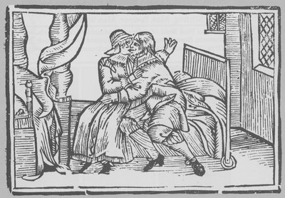 Gravure représentant un homme et une femme assis sur un lit - English School
