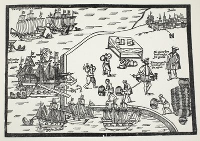 Gravure sur bois illustrant le commerce du vin entre Bordeaux et l
