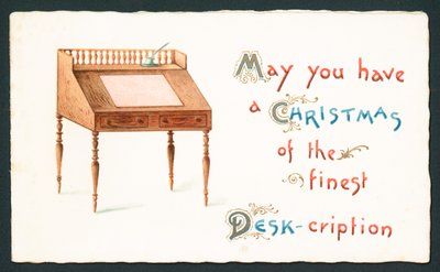 Bureau en bois, carte de Noël - English School
