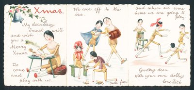 Poupées en bois patinant et jouant, Carte de Noël - English School