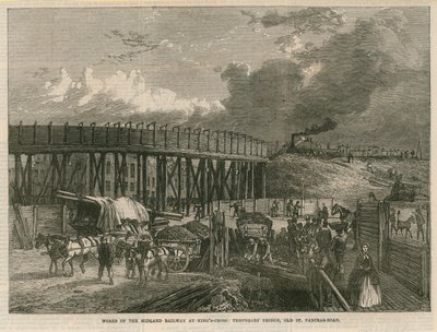 Travaux sur le chemin de fer Midland à Kings Cross, Londres ; pont temporaire, Old St Pancras Road - English School