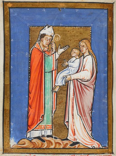 Yates Thompson 26 f.62v Saint Cuthbert guérissant un enfant de la peste, illustration de la 